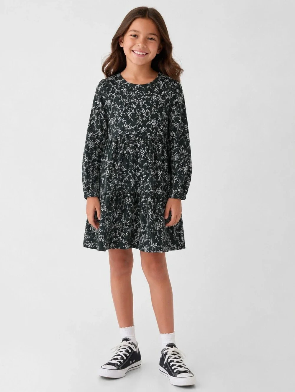 GAP Green Floral Long-Sleeve Casual Dress; Fall; Corduroy Feel But 100% Cotton